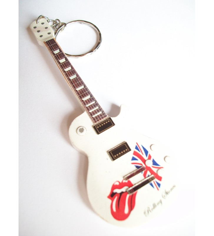 Porte clef bois forme guitare blanche Rolling Stones
